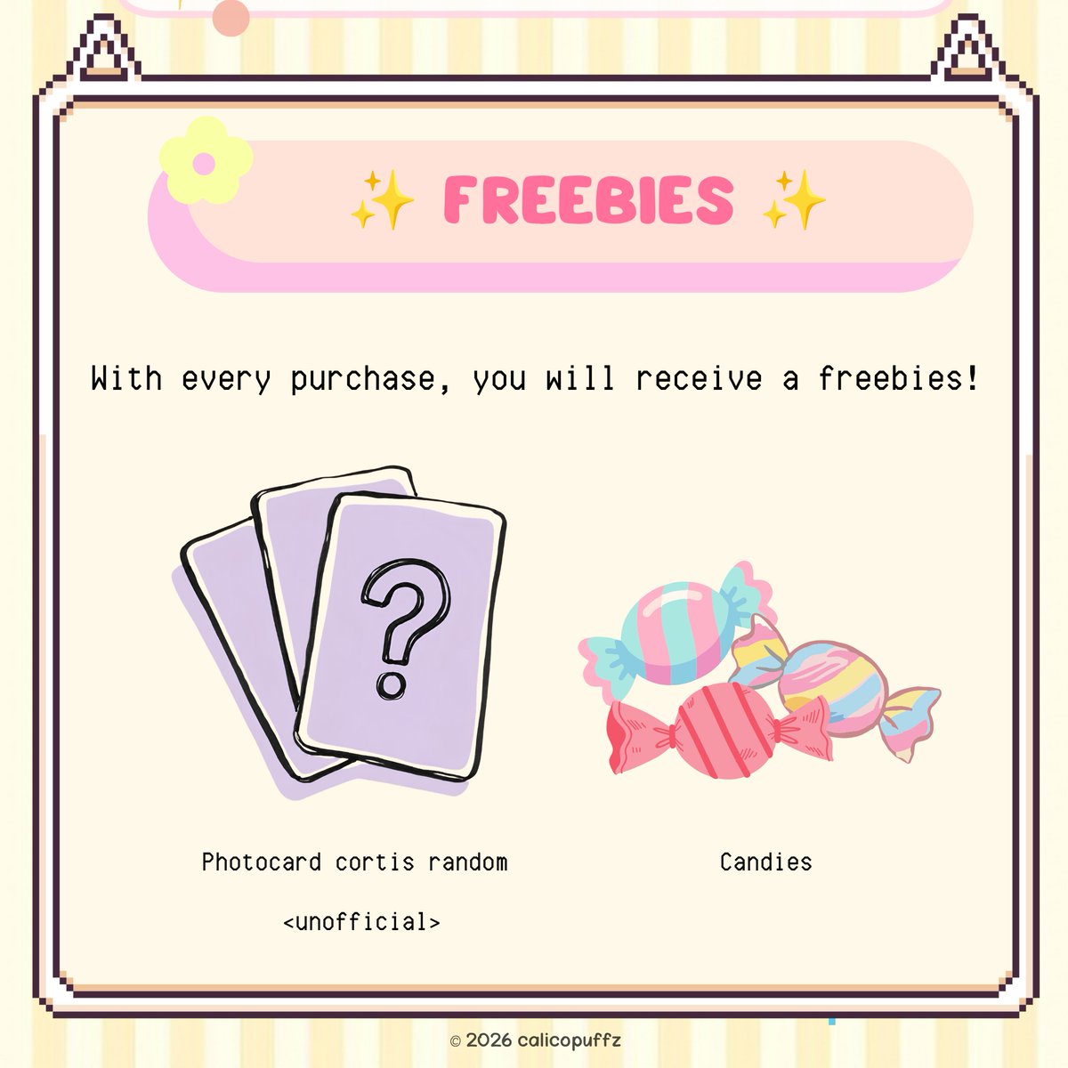calicopuffz's tweet photo. With every purchase, you will receive a freebies ⸜(˶˃ ᵕ ˂˶)⸝ ♡

💌 Photocard cortis random {unofficial}
🍬 Candies

Don't miss it, go grab yours! (⁠｡⁠♡⁠‿⁠♡⁠｡⁠)

t. fanmade merch cortis coer lanyard face keychain garskin e-money martin james juhoon seonghyeon keonho https://t.co/xKz3anPLoS