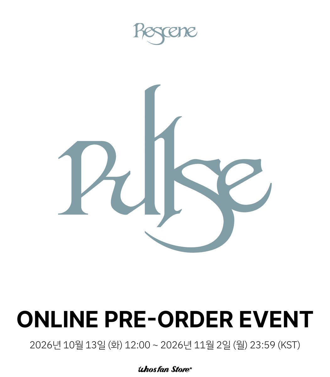 WhosfanStore's tweet photo. [🎁] 
RESCENE 4th Mini Album [PULSE]
예약판매 특전 증정 이벤트 OPEN💙

📅10/13 (화) 12:00 ~ 11/2 (월) 23:59 (KST)
🌟후즈팬 스토어 예약 판매 특전 포토카드 5종 중 랜덤 증정

💌구매하기
🔗https://t.co/M5wyycQI1X

@RESCENEofficial
#WhosfanStore #후즈팬스토어 https://t.co/9vl6370kqN