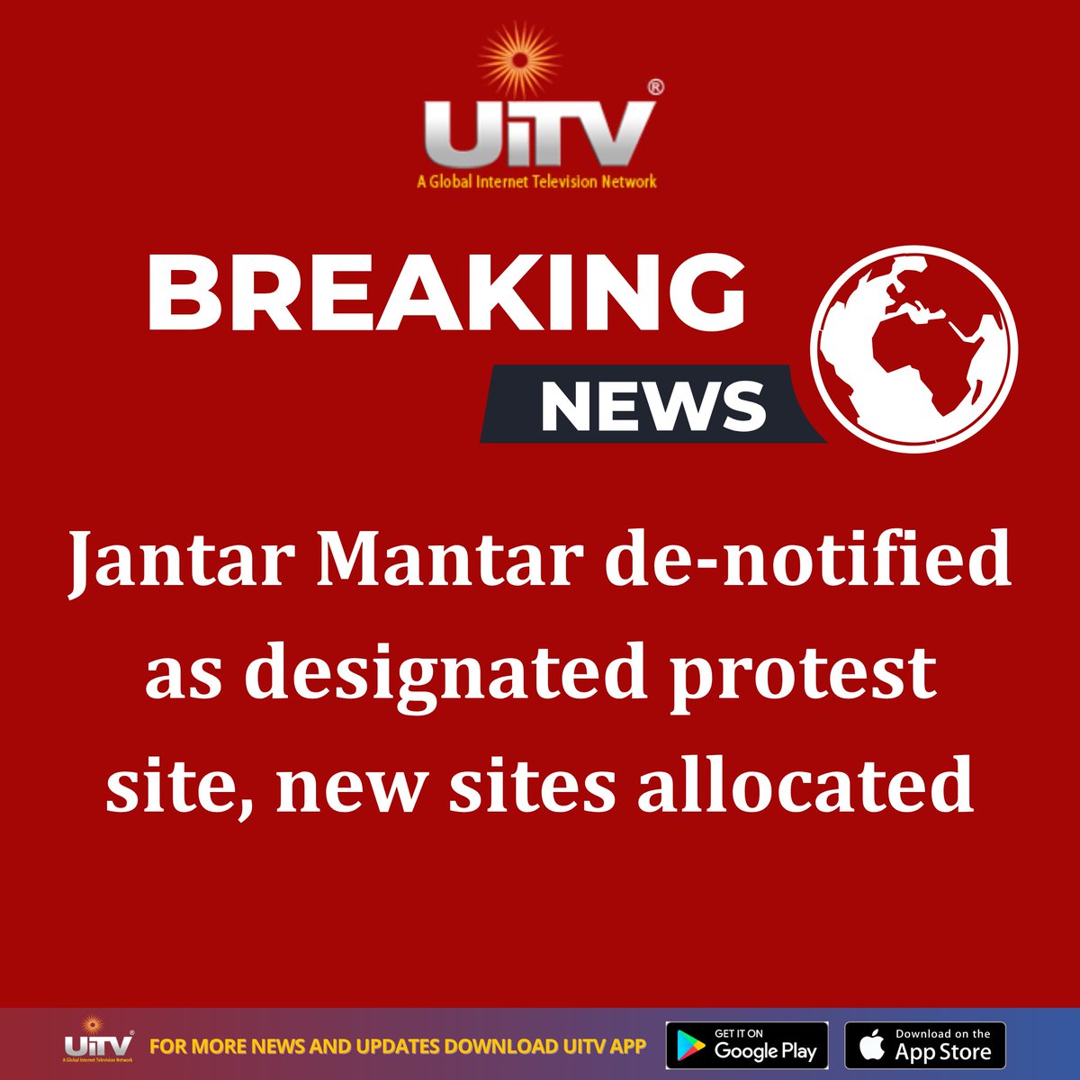 UiTV_Connect's tweet photo. Jantar Mantar as a protest venue has been de-notified, stated a Delhi Police circular on Monday, which has also listed three new sites for holding demonstrations. According to the circular, 

#JantarMantar #DelhiProtests #DelhiNews #PublicOrder #IndiaNews https://t.co/jWMUAVZFSD