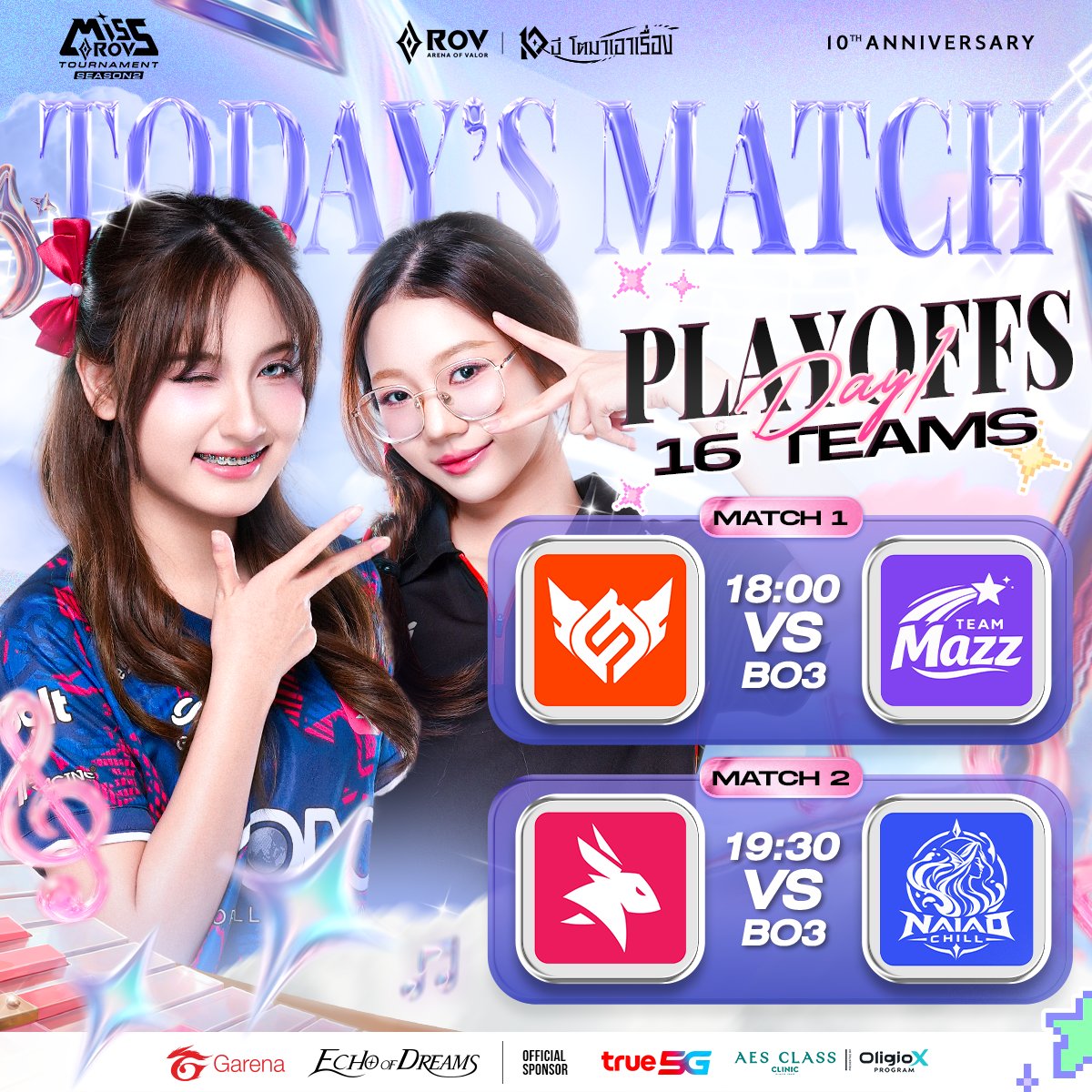 GarenaRoVTH's tweet photo. เปิดสนามทัวร์หญิงรอบ Playoffs วันแรก!💖 พบกับการแข่งขัน Miss RoV Tournament 2026👑Season 2
ทัวร์นาเมนต์หญิงจาก Garena RoV ชิงรางวัลมูลค่ารวม 700,000 บาท!
กับรอบ Playoffs 16 ทีมสุดท้าย!

ตารางการถ่ายทอดสดวันนี้ 12 ตุลาคม (Bo3)
🔸[18:00] Full Sense 🆚 TEAM MAZZ
🔸[19:30] eArena 🆚 NAIAD CHILL

#MissRoV2026 #MissRoVTournament #EchoofDreams #RoV #AoV #ArenaofValor