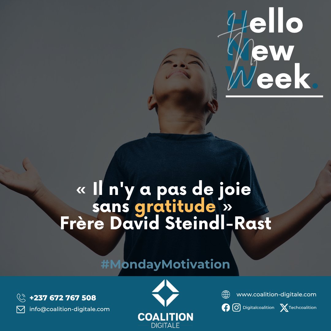 TechCoalition's tweet photo. #SmartMonday 💡

𝐈𝐥 𝐧’𝐲 𝐚 𝐩𝐚𝐬 𝐝𝐞 𝐣𝐨𝐢𝐞 𝐬𝐚𝐧𝐬 𝐠𝐫𝐚𝐭𝐢𝐭𝐮𝐝𝐞— 𝐅𝐫 𝐒𝐭𝐞𝐢𝐧𝐝𝐥-𝐑𝐚𝐬𝐭
❤️ La joie grandit quand on apprécie ce que l'on a. 😊
Cultiver la gratitude, c’est apprendre à voir la richesse du présent
#DigitalCoalition #CoalitionDigitale https://t.co/EjO34E6JEm