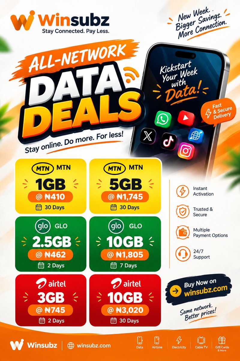 winsubz's tweet photo. @instablog9ja Start your week connected! Get MTN 1GB for ₦410, Glo 10GB for ₦1,805, Airtel 3GB for ₦745, and more affordable data deals. 🔥

👉 Buy now at https://t.co/jjcaF7nZph https://t.co/qDVSXwMR44