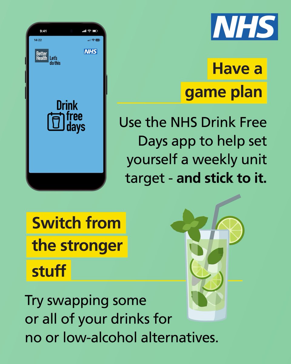 NHSuk's tweet photo. Trying to drink less alcohol can be tricky for some – but we’ve got a game plan.

If you're trying to drink less alcohol, even just sticking to a few drink-free days a week is a great step in the right direction.

Visit https://t.co/I88UmmqFHq for more information. https://t.co/XvzrJ0PAYM