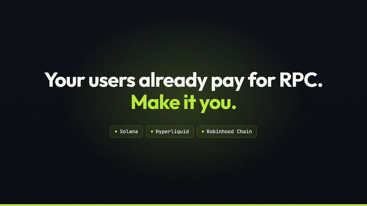 nodeshoprpc's tweet photo. Your bot's users already pay someone for RPC.

NodeShop lets you sell it to them yourself, under your own brand: your domain, your prices, your customer list.

We run the Solana, Hyperliquid and Robinhood Chain nodes, the billing and the dashboard. You keep 90% of your markup.

Built for bot devs, SDK makers and trading communities.