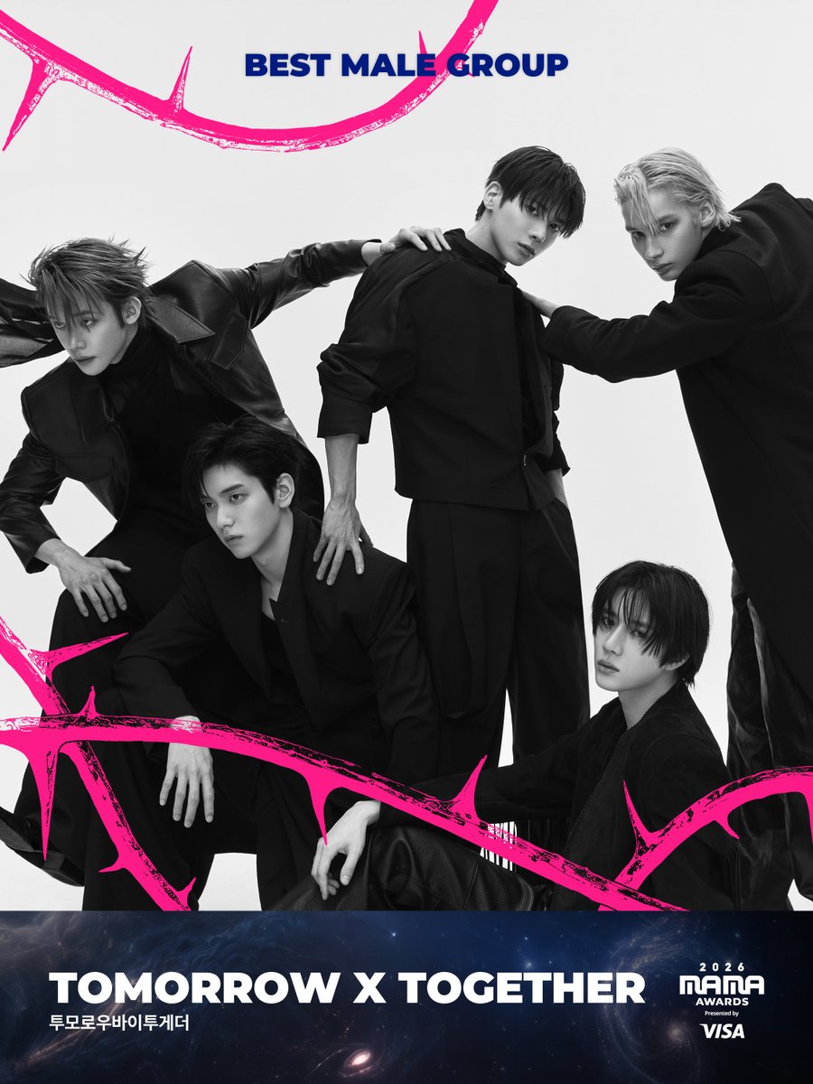 MnetMAMA's tweet photo. [#2026MAMA] BEST MALE GROUP Nominee | 남자 그룹상 후보

#TOMORROW_X_TOGETHER #투모로우바이투게더

MOVE THE STARS,
A MUSIC INTERSTELLAR
2026 MAMA AWARDS

2026.11.20-21 (KST)
KYOCERA DOME OSAKA &amp; Mnet Plus

#MAMAAWARDS #2026MAMAAWARDS https://t.co/3M0s8ImVuh