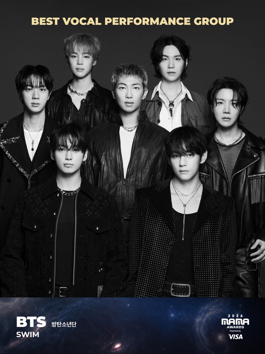 MnetMAMA's tweet photo. [#2026MAMA] BEST VOCAL PERFORMANCE GROUP Nominee | 베스트 보컬 퍼포먼스 그룹 후보

#BTS #방탄소년단

MOVE THE STARS,
A MUSIC INTERSTELLAR
2026 MAMA AWARDS

2026.11.20-21 (KST)
KYOCERA DOME OSAKA &amp; Mnet Plus

#MAMAAWARDS #2026MAMAAWARDS https://t.co/uOSKxPRU9d