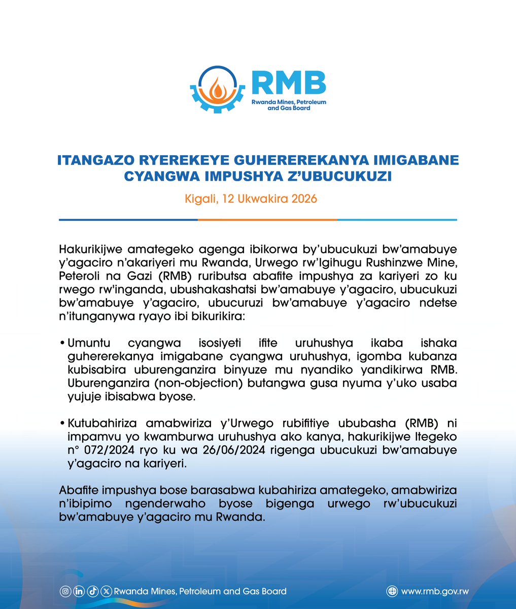 RwandaMinesB's tweet photo. ITANGAZO RYEREKEYE GUHEREREKANYA IMIGABANE CYANGWA IMPUSHYA Z’UBUCUKUZI

🔗 Soma itangazo: https://t.co/6WdAENDNb8 https://t.co/SZVKa3ojJP
