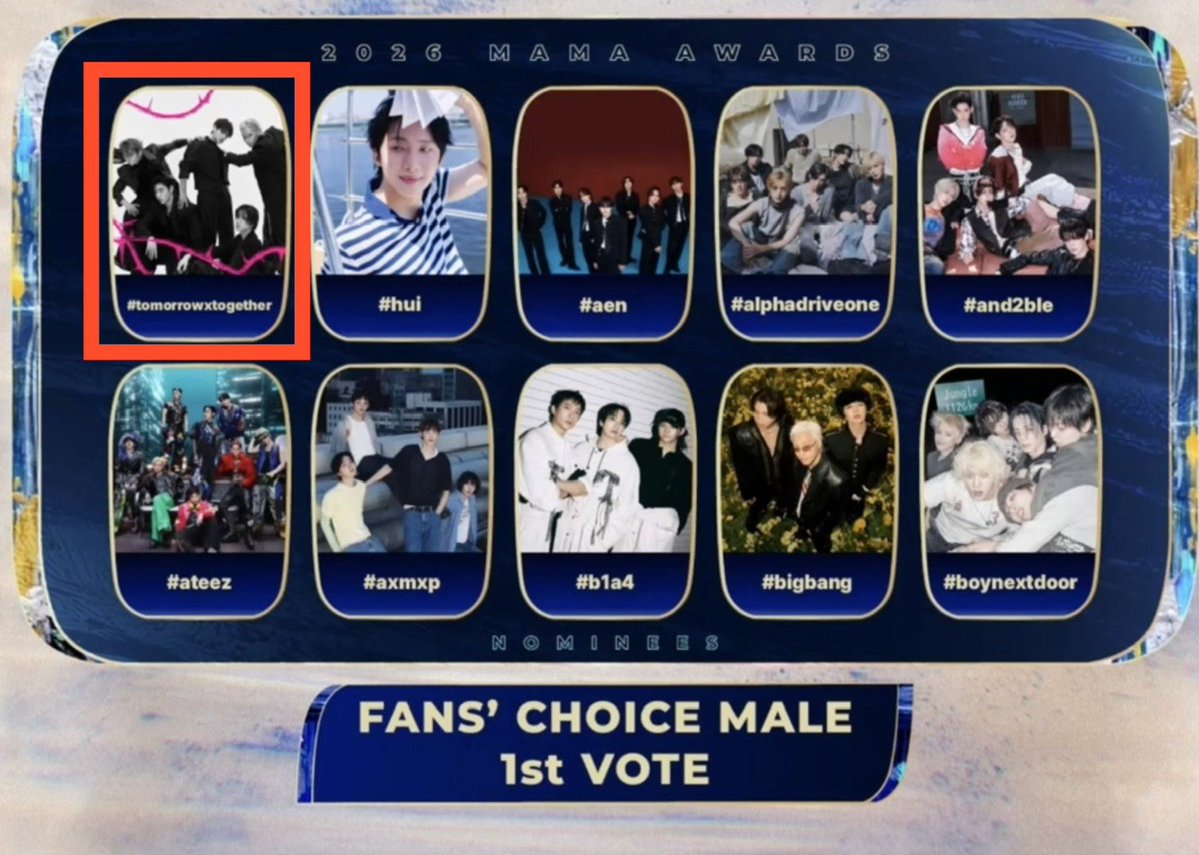 TXTintl_twt's tweet photo. . @TXT_members が2026 MAMA AWARDS「FANS’ CHOICE MALE」部門にノミネートされました！

1次投票は19:00 KSTにスタート。
投票方法の詳細は、まもなくお知らせされます。

#MOA #TXT https://t.co/8n4LRAXTsg