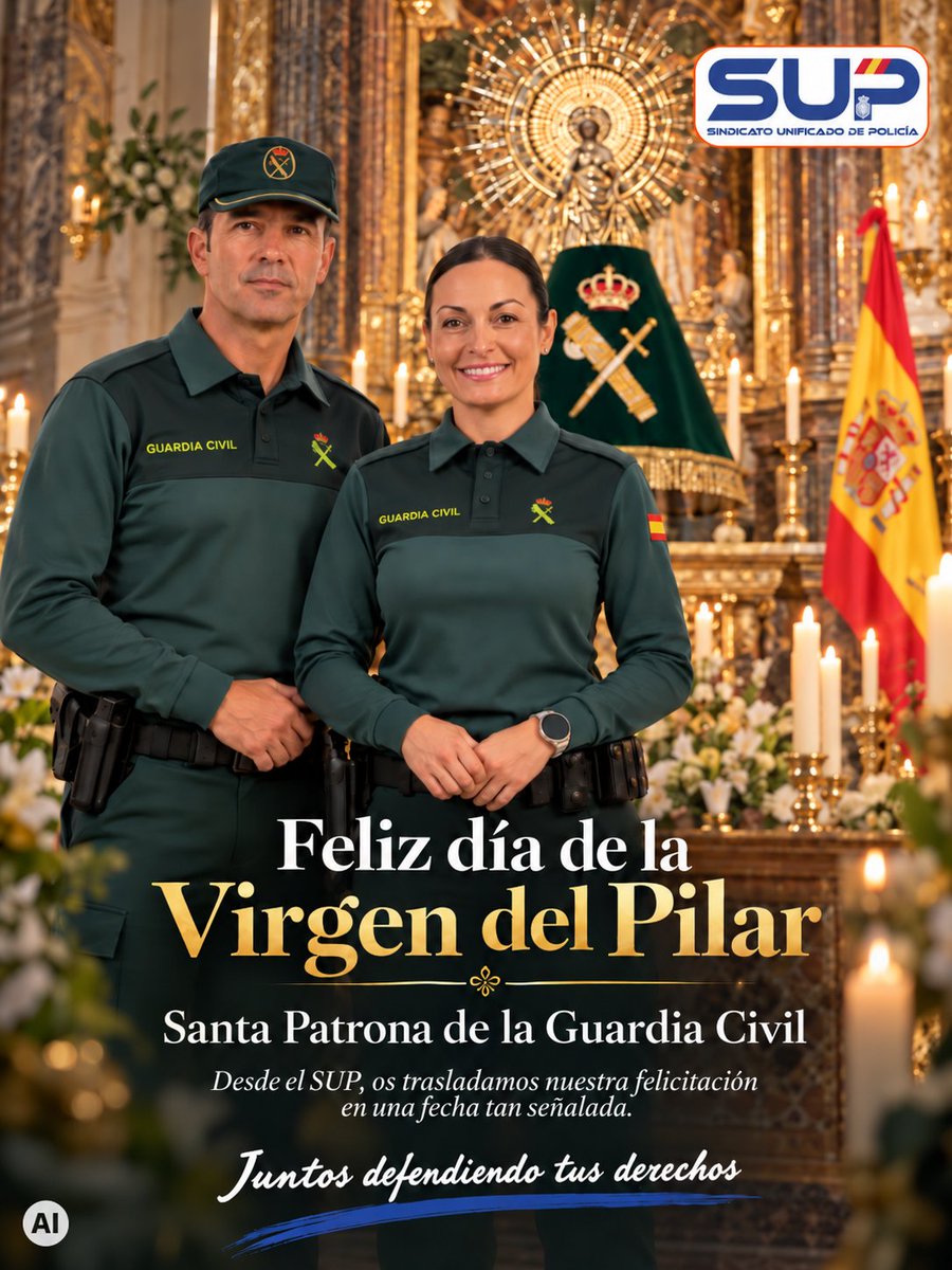 Sup_Policia's tweet photo. 🙏 Quien recorre un pueblo aislado de madrugada, vigila el litoral o socorre a un conductor accidentado sabe lo que significa sentirse amparado.

El SUP felicita con sincero cariño a la Guardia Civil en la festividad del Pilar. 💚

Enviamos un saludo muy especial a todos los guardias civiles, en particular a quienes forman parte de AUGC, y a las familias que sostienen cada servicio desde casa. 🤝

Distintos cuerpos, idéntica misión: proteger a España y a su gente. 🇪🇸

Únete al Sindicato Mayoritario de la Policía Nacional desde el primer comentario⤵️
