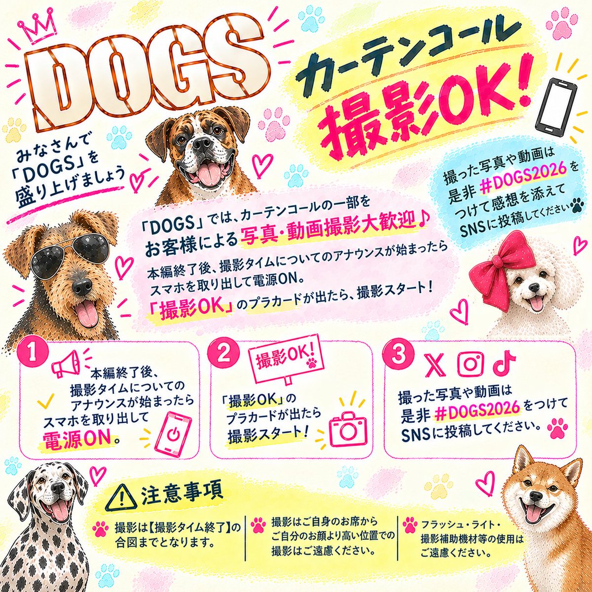livedog_produce's tweet photo. 🐶 DOGS #DOGS2026 🐶
＼ カーテンコール撮影OK！📱 ／

『DOGS』では、カーテンコールの一部をお客様による写真・動画撮影大歓迎♪
本編終了後、撮影タイムについてのアナウンスが始まったらスマホを取り出して電源ON。
「撮影OK」のプラカードが出たら、撮影スタート！

撮った写真や動画は是非 #DOGS2026 をつけて感想を添えてSNSに投稿してください🐶

※撮影は【撮影タイム終了】の合図までとなります。
※撮影はご自身のお席のみ、またご自分のお顔より高い位置での撮影はご遠慮ください。
※フラッシュ・ライト・撮影補助機材等の使用はご遠慮ください。

🐕 HP・観劇ﾁｹｯﾄ
https://t.co/w7SXtYO9Z4
🐩 応援ﾁｹｯﾄ・ギフチケ！
https://t.co/0QmjvzrGeo

2026年10月23日～11月1日
中目黒キンケロ・シアター