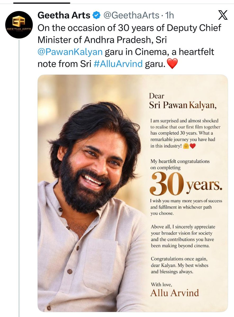 telugucinemafox's tweet photo. 30 Years of Power Star Pawan Kalyan ❤️🔥
Allu Aravind garu pens a heartfelt note celebrating his incredible cinematic journey, recalling Akkada Ammayi Ikkada Abbayi and appreciating his contributions beyond cinema. 🙏❤️
#PawanKalyan #30YearsOfPawanKalyan #PowerStar https://t.co/6UZSu8GTf1