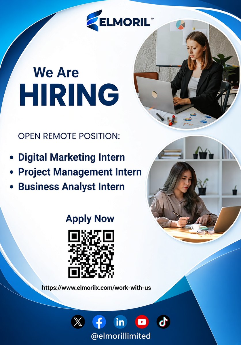elmorilx's tweet photo. 🚀 ELMORIL is hiring remote interns!

Positions open:
✅ Digital Marketing Intern
✅ Project Management Intern
✅ Business Analyst Intern
Apply here: https://t.co/LZUEBoLS52

Don’t miss out! 💼 https://t.co/cPSprUpBVo