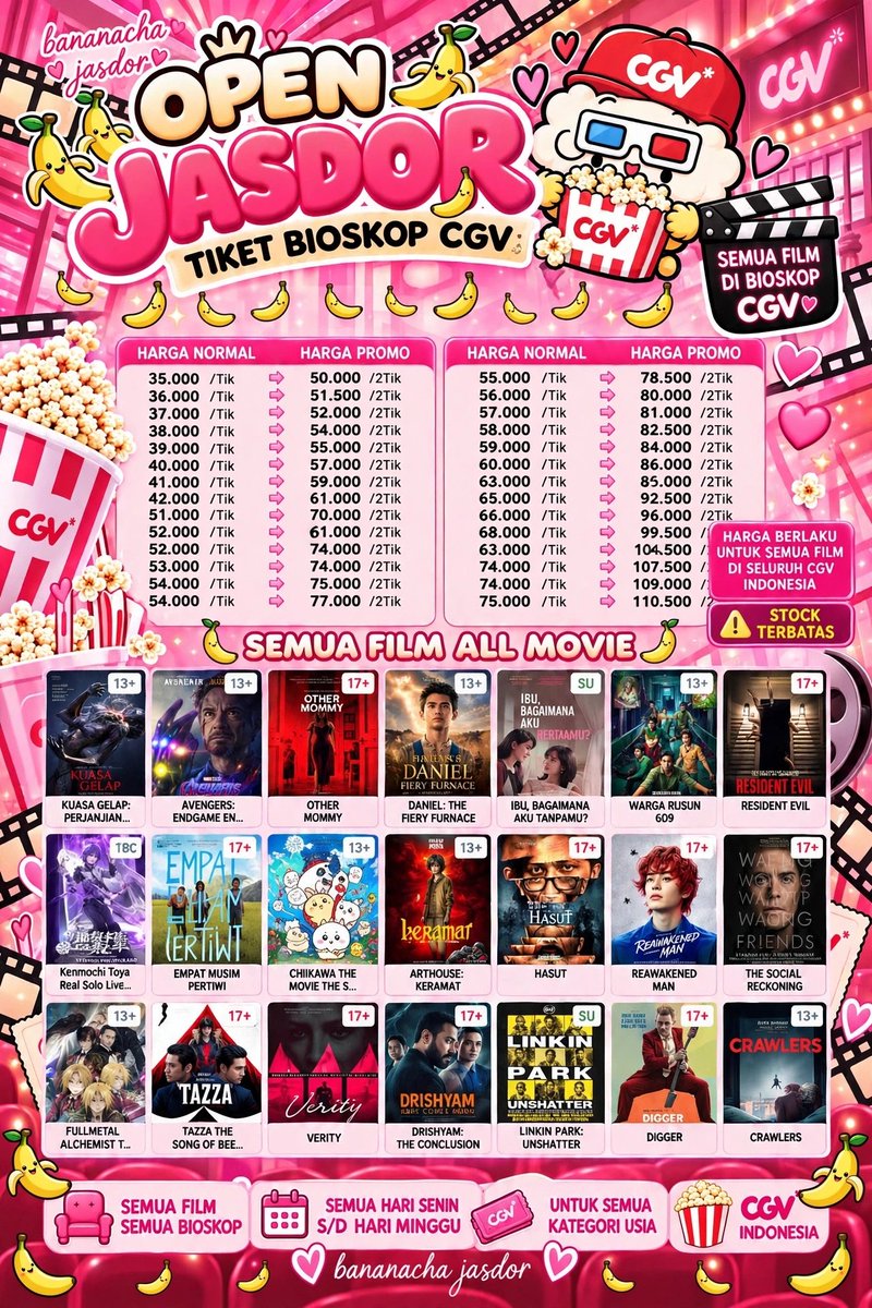 bananamatcha__'s tweet photo. OPEN JASDOR CGV by bananacha jasdor 🍌💖
BAYAR 1 TIKET = DAPET 2 TIKET 😭
Gak salah baca! Beneran 1 harga dapet 2!

💸 Harga mulai 35.000 /TIK aja
→ Normalnya bisa 70rb+ loh!
✅ SEMUA FILM ALL MOVIE
✅ SEMUA BIOSKOP CGV INDONESIA
✅ SENIN-MINGGU BISA!
STOCK TERBATAS ‼️ https://t.co/wbqZY3UCP8