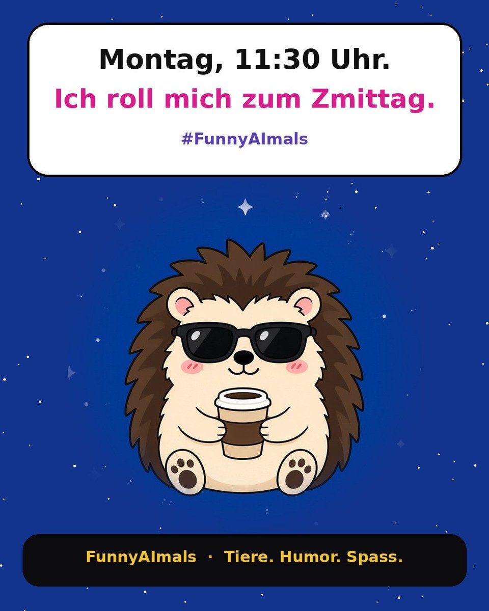 Cod3Artstudio's tweet photo. Montag, 11:30 Uhr.
Ich roll mich zum Zmittag.

Wer zählt auch schon die Minuten bis zum Zmittag?

#FunnyAImals #TierMeme #AIMeme #Igel https://t.co/aGLHybizip