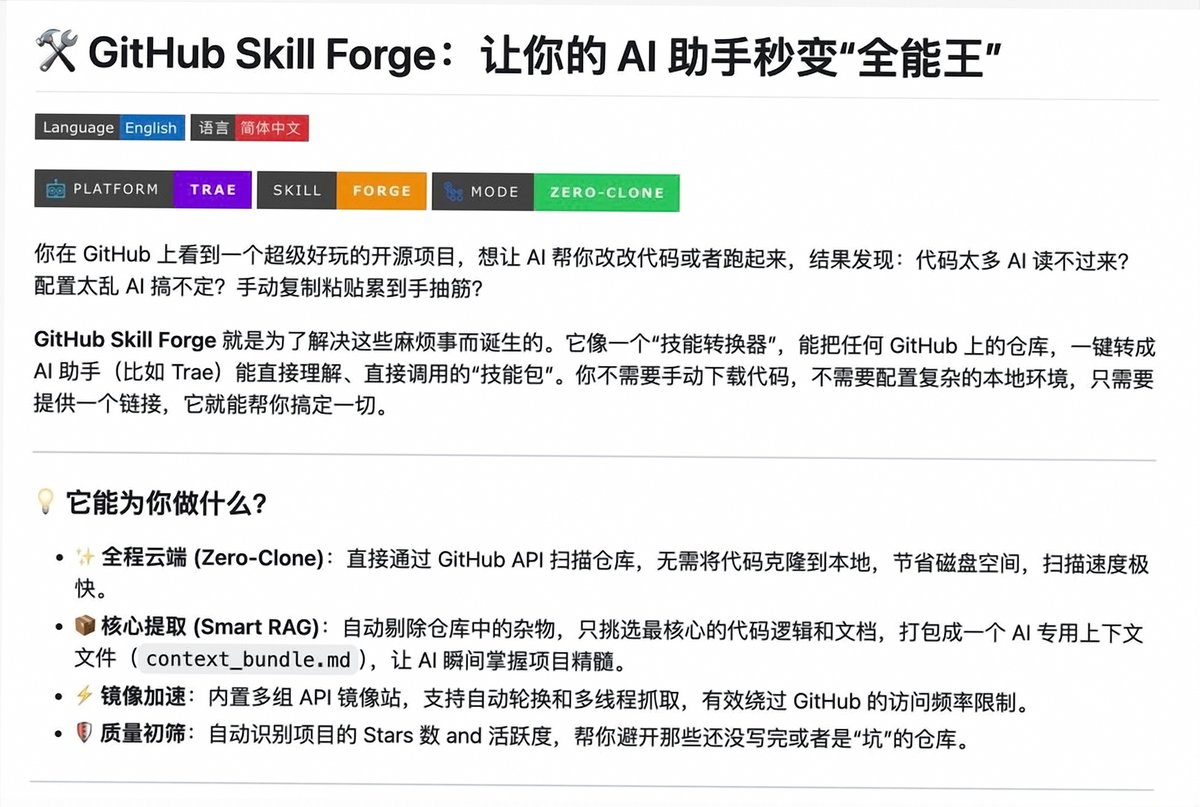 FrogPrinceWQY's tweet photo. 把 GitHub 项目交给 AI 使用，不一定要让它每次都从头读完整个仓库。GitHub Skill Forge 可以把项目链接直接转换成 AI 能理解、可调用的 Skill。

它会自动完成这套流程：
1. 扫描项目代码与文档
2. 提炼关键逻辑
3. 封��为 AI Skill

遇到值得复用的开源项目时，直接提供 GitHub 链接，就能减少重复理解和整理仓库内容的过程。

GitHub：https://t.co/i3CadcW1tk