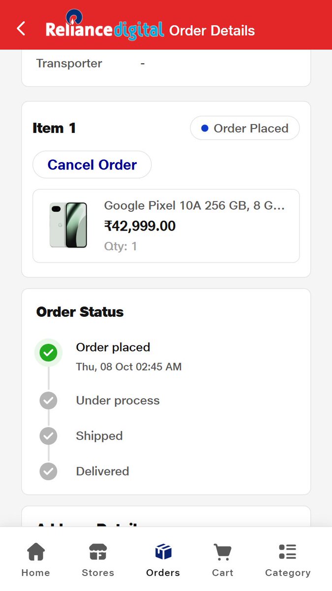 crypkeyd's tweet photo. @RelianceDigital   my Pixel 10a was ordered on Oct 8 with delivery promised the same day by 9 PM. It's now Oct 11 and the status still says "Order Placed", with no shipping update. Calling support got me nowhere. Can someone please look into this? 🙏 https://t.co/P1ifyv3DGi