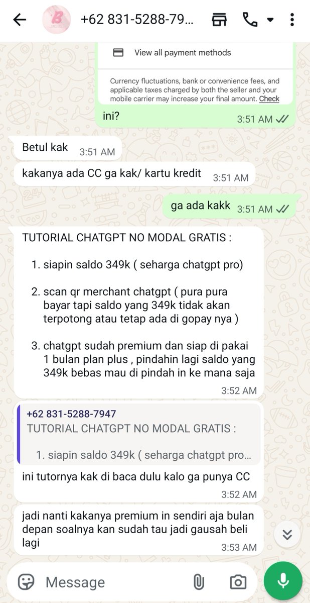 apelkecap's tweet photo. ini scam yaaa teman timun, jual gpt. temen aku ada yg barusan kena 😿

+62 895-0502-1469
+62 831-5288-7947
+62 858-7801-1295

#zonauang https://t.co/NW2s8PvCR7