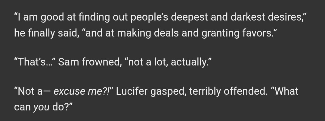 angelradiohead's tweet photo. sam casually collecting lucifers in this fic https://t.co/JOpmut9QCi