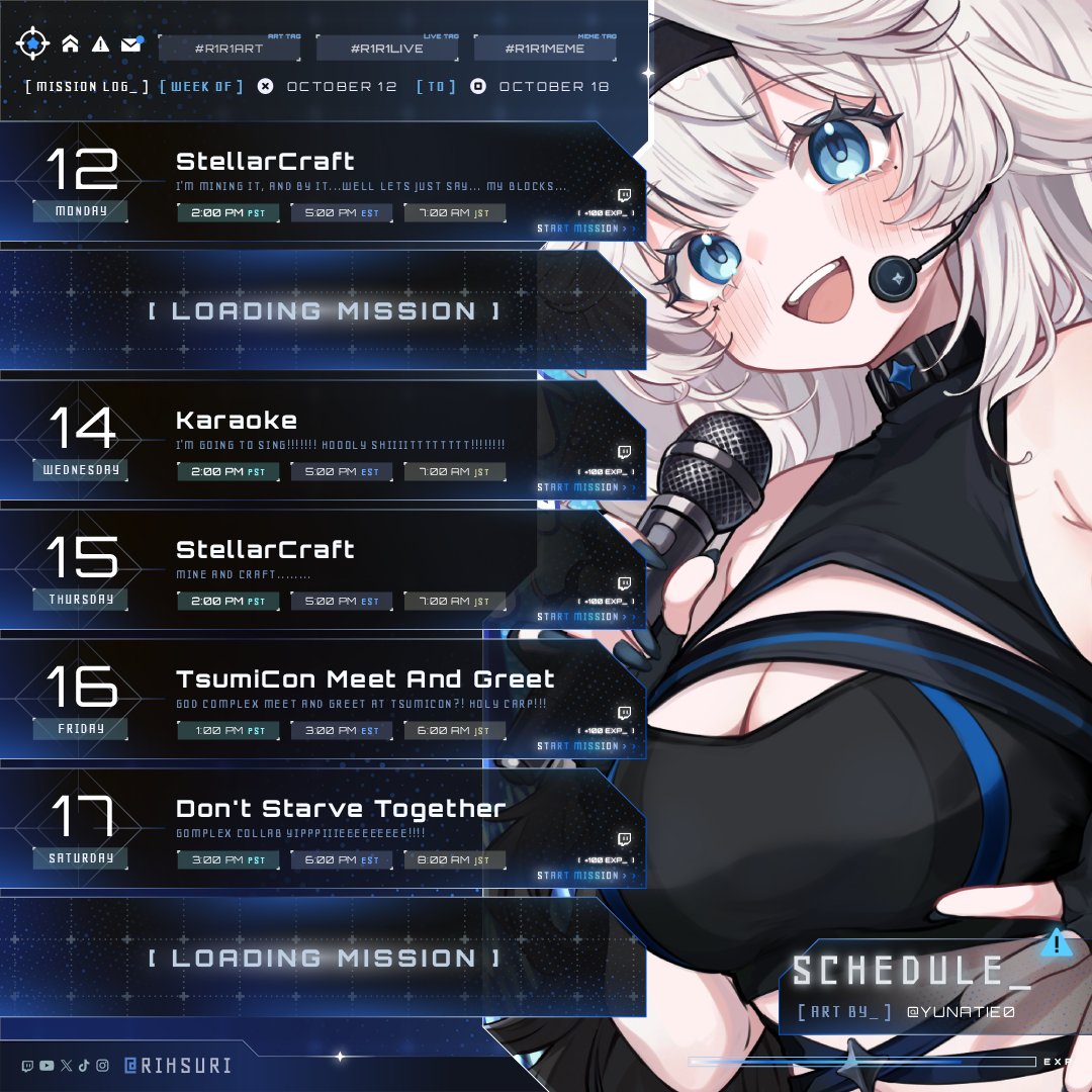 RIHSURI's tweet photo. 🌟 WEEKLY SCHEDULE 🛰️
[10/12 - 10/18]

EVERY DAY WE GET CLOSER TO EDGERUNNERS SEASON 2, MAN LIFE IS GREAT!!! 🔥🔥🔥

TAGS:
▸ Art: #R1R1ART
▸ Live: #R1R1LIVE
▸ Memes: #R1R1MEME https://t.co/WMA04jVgPl
