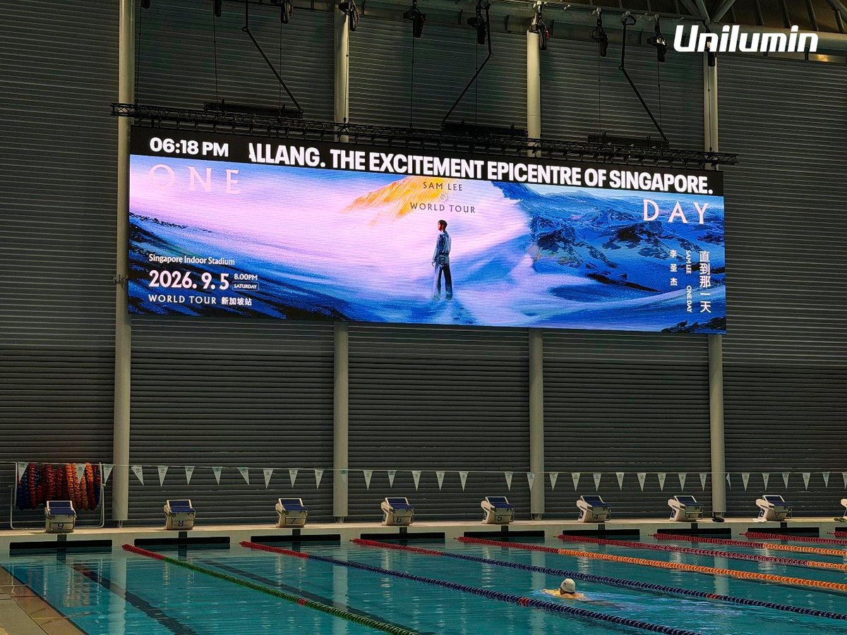 UniluminDisplay's tweet photo. From the field to the pool, our partnership with #TheKallang grows! 🏊 Following the installation of 500+ sqm of #Unilumin #LEDdisplays previously, two new USK 3.9 screens (18 × 5 m and 7.5 × 4.5 m) bring 6,000-nit brightness and IP69K protection to the poolside. 
#SmartVenue https://t.co/brQ6bFbm71