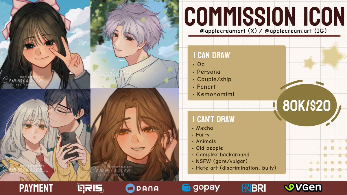 applecreamart's tweet photo. [♡ + ↻ are very appreciated]

🍞OPEN COMMISSION ICON &amp; CHIBI🍞

Hi! I'm currently opening my commission for local and international! Feel free to dm me if you interested .𖥔 ݁ ˖

.☘︎ ݁˖Vgen: https://t.co/hLxnKeqpwf

#VGenComms #commissionsopen #commission #zonajajan #zonauang https://t.co/tfaLTmxIGU