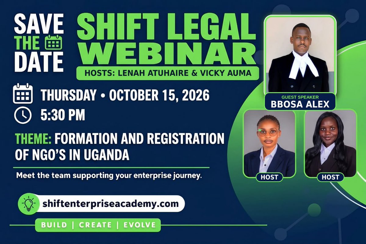 vickyauma_'s tweet photo. Starting an NGO in Uganda? This is for you. 🇺🇬Join us for the SHIFT Legal Webinar on Formation &amp; Registration of NGO's in Uganda with Guest Speaker Bbosa Alex.
🗓️ Thursday, Oct 15 | 5:30 PM
🎙️ Hosts: Lenah Atuhaire &amp; Vicky Auma
Register here: https://t.co/aEkuG4MN8K
#SHIFTVenture https://t.co/LCFCtn9xpq