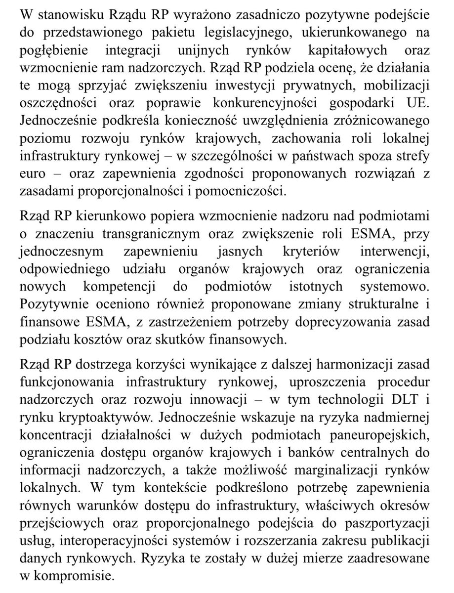 JKowalski_posel's tweet photo. BUM❗️Oto stanowisko rządu Donalda Tuska uzyskane w trakcie kontroli w @MF_GOV_PL w sprawie przekazywania uprawnień nadzoru nad polskim rynkiem kapitałowym na poziom unijny do zlokalizowanego w Paryżu Europejskiego Urzędu Nadzoru Giełd i Papierów Wartościowych (ESMA). 

🔹@Domanski_Andrz popiera centralizację nadzoru nad polskim rynkiem kapitałowym na poziomie unijnym. Polska ma płacić miliony euro na urzędników w Paryżu po przekazaniu kompetencji oraz przejazać na poziom unijny opłaty nadzorcze!Całość nadzoru nad rynkiem krypto Tusk chce przekazać do ESMA. Bardzo niebezpieczny kierunek zrzekania się suwerenności w zakresie nadzoru nad polskim rynkiem kapitałowym! Mówię: zdecydowane NIE pomysłom @Domanski_Andrz i apeluję do wszystkich posłów z @KONFEDERACJA_ i @pisorgpl o poparcie mojej inicjatywy zwołania specjalnego posiedzenia sejmowej komisji finansów publicznych po to, aby minister @Domanski_Andrz przedstawił szczegółowe wyjaśnienia w tej bulwersującej sprawie.