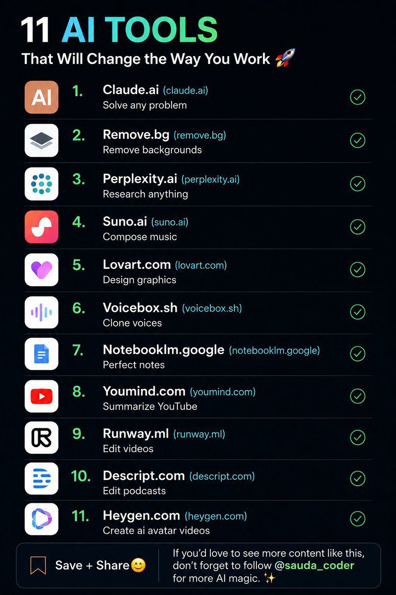 AlexRiad84837's tweet photo. 1. https://t.co/njLejtbIzz (solve any problem)

2. https://t.co/kANRC1CaAa (remove backgrounds)

3. https://t.co/LokUZVlJfy (research anything)

4. https://t.co/2feNgd7W1L (compose music)

5. https://t.co/Rjx8ZomcLF (design graphics)

6. https://t.co/upySYv3c3O (clone voices)

7. https://t.co/rQxr3yEf1l (perfect note)

8. https://t.co/d9QsTdPM5o (summarize YouTube)

9. https://t.co/BqAjgritxG (edit videos)

10. https://t.co/0dChXqlW49 (edit podcasts)

11. https://t.co/46O3E0P6y2 (create ai avatar videos)

Save + Share🙂

If you’d love to see more content like this, don’t forget to follow
@AlexRiad84837  for more AI magic.
