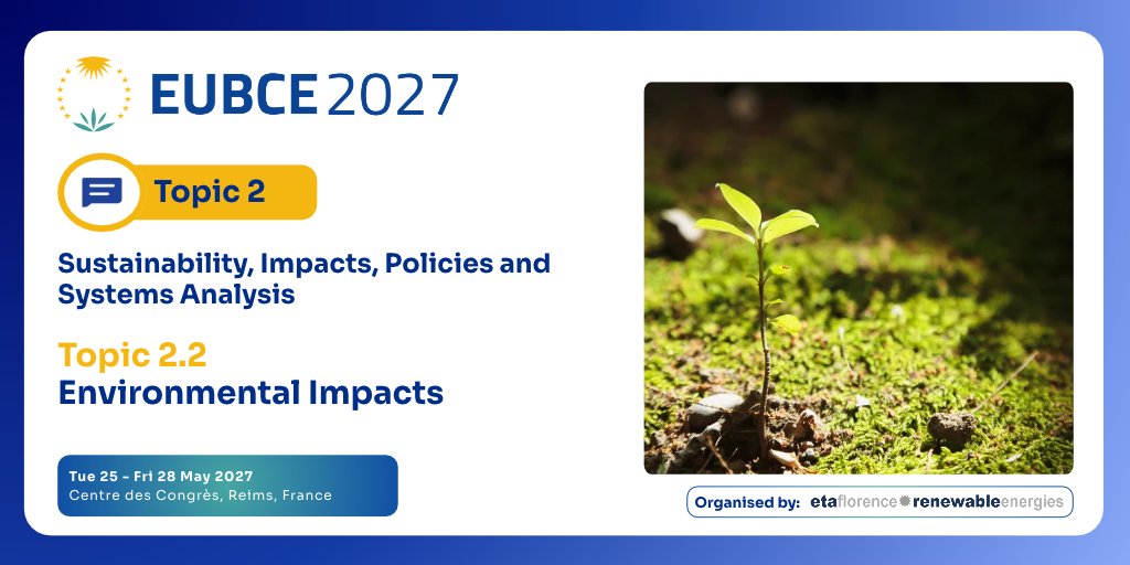 EUBCE's tweet photo. #EUBCE2027 Call for Papers
Focus on Topic 2.2: Environmental Impacts

Topic 2.2 addresses how to scale#biomass production and conversion while protecting natural ecosystems, preserving #biodiversity, and safeguarding vital natural resources.

Key focus areas include:
🌱 Environmental & Resource Performance: Assessing land-use change (LUC/iLUC), soil and water interactions, agricultural intensification, and #sustainableforestry practices.
🦋 Ecosystems & #Biodiversity: Developing strategies to protect habitats, maintain ecosystem services, and analyze trade-offs/synergies in #biomass supply chains.
📄 Assessment Tools & Frameworks: Applying robust Life Cycle Assessments (#LCA), quantifications, and land-governance frameworks to evaluate the full footprint of biomass pathways.

🎤 Presenting under Topic 2.2 positions your work at the heart of cross-disciplinary discussions, connecting you with top environmental scientists, industry experts, and project consortia.

Check the list of detailed conference topics and submit your abstract by 30 October 2026!

▶️ https://t.co/kL8oPkysl2