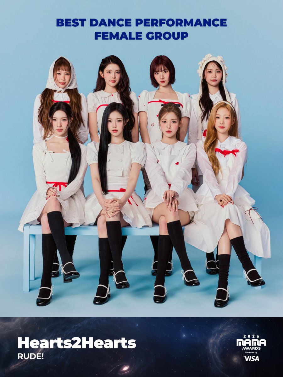 MnetMAMA's tweet photo. [#2026MAMA] BEST DANCE PERFORMANCE FEMALE GROUP Nominee | 베스트 댄스 퍼포먼스 여자 그룹 후보

#Hearts2Hearts

MOVE THE STARS,
A MUSIC INTERSTELLAR
2026 MAMA AWARDS

2026.11.20-21 (KST)
KYOCERA DOME OSAKA &amp; Mnet Plus

#MAMAAWARDS #2026MAMAAWARDS https://t.co/D9kM5jUnHi