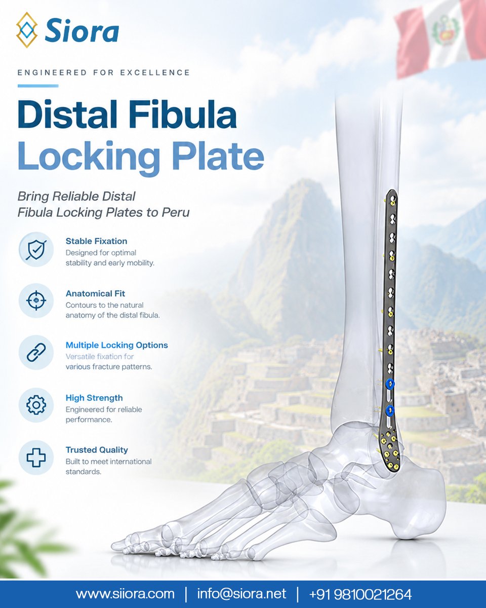 siorasurgicals's tweet photo. Siora #DistalFibulaLockingPlate — engineered for reliable and stable fixation of distal fibula fractures.
Visit Us:- https://t.co/AUqBkAtKlf
#Siora #FibulaPlate #LockingPlate #OrthopedicImplants #TraumaImplants #Peru #PeruHealthcare #MedicalDevicesPeru https://t.co/RPM91gi0hJ