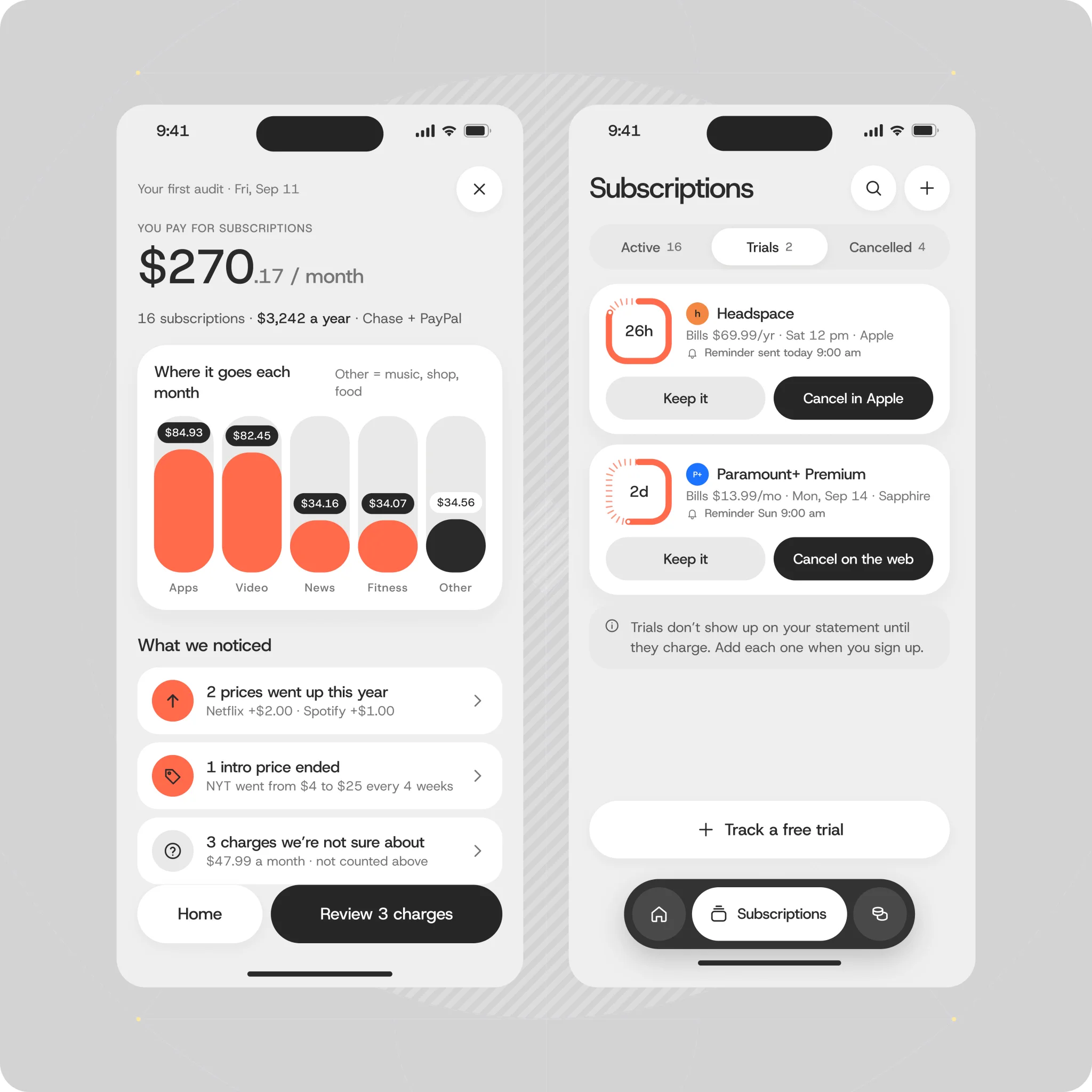 구독 관리 앱 — 지출 막대 차트와 무료 체험 카운트다운