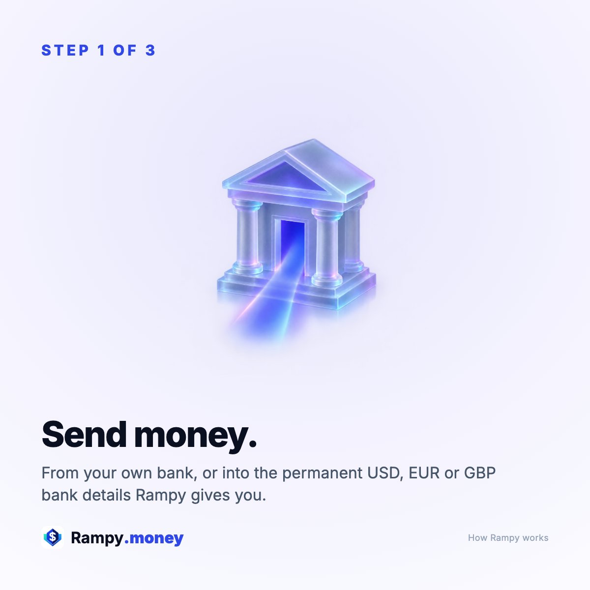 RampyMoney's tweet photo. How Rampy works, in three steps:

1) Send money from your bank, or into your own USD, EUR or GBP bank details

2) We convert it at the price you were shown

3) It lands in a wallet only you control
#Crypto #Stablecoins https://t.co/jqDWPvPlcl