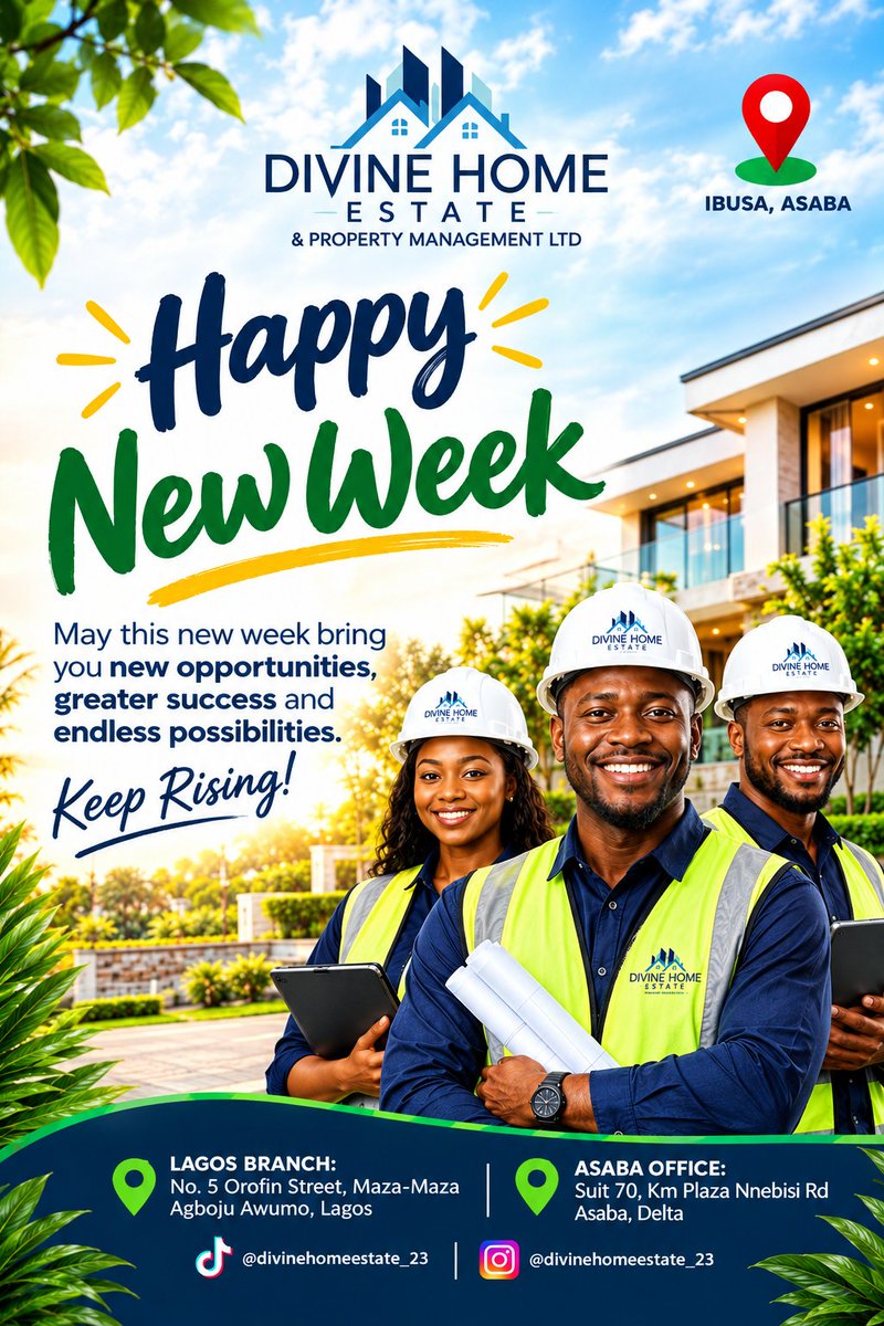 Divinehome23's tweet photo. New week, Renewed energy...

Let's stay positive as we look forward to close of deals this week 🤝

#Happynewweek #Doku #RealEstateInvesting #RealestateinNigeria https://t.co/3wDwsp3U5r