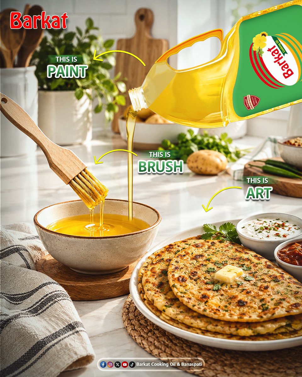 OilBarkat's tweet photo. Great cooking is an art, and Barkat Cooking Oil brings out the best in every dish. Enhance flavour, perfect texture, and add your personal touch to every meal. Turn every dish into a masterpiece.
#Barkat #BarkatBanaspati #PremiumQuality #Omega36 #VitaminAD3 #BarkatPremiumRange https://t.co/HmbIwx9pg6