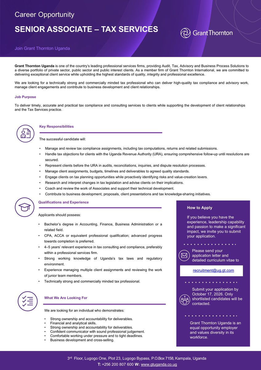 GtUganda's tweet photo. 📢 We’re hiring! Join us in one of these roles:

▪ Assistant Manager – Transaction Advisory Services
▪ Senior Associate – Tax Services
▪ Audit Associates
▪ Financial Reporting Associates
📩 Apply: recruitment@ug.gt.com
📅 Deadline: 17 October 2026
#UgandaJobs #Hiring https://t.co/bYRtLNmIv0