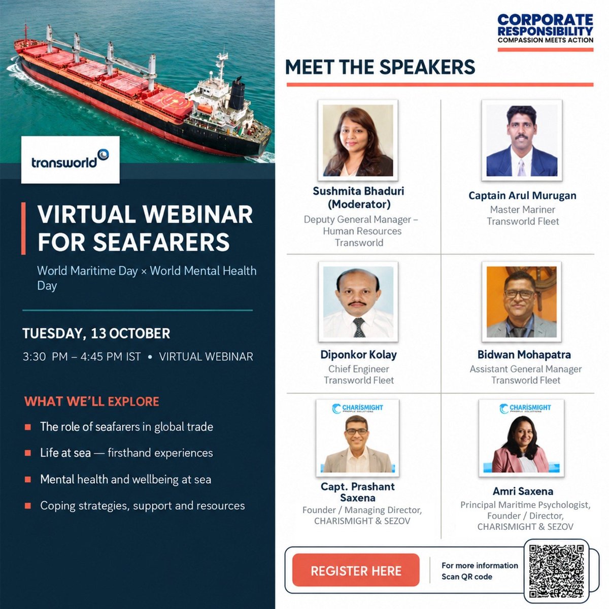 TransworldTweet's tweet photo. Seafarers play a vital role in keeping global trade moving, often while navigating unique challenges that come with life away from home.

On the occasion of World Maritime Day and World Mental Health Day, Transworld is bringing together maritime professionals and industry experts for a virtual webinar focused on the experiences, wellbeing, and contributions of seafarers.

The discussion will explore the role of seafarers in global trade, real-life experiences at sea, mental health challenges, and practical ways to build a stronger support system for those working onboard.

Join us for an insightful conversation as we recognise the people who keep the world connected.

📅 Date: Tuesday, 13 October 2026
🕒 Time: 3:30 PM – 4:45 PM IST
💻 Mode: Virtual Webinar

🔗 Register here: https://t.co/cnsC0AzZc2

Let's come together to recognise the contributions of our seafarers and encourage meaningful conversations around mental health and wellbeing at sea.

#Transworld #WorldMaritimeDay #WorldMentalHealthDay #Seafarers #MaritimeIndustry #MentalHealthAwareness #SeafarerWellbeing #GlobalTrade