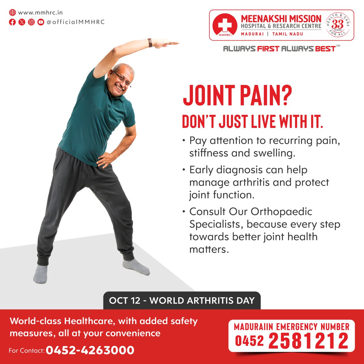 OfficialMMHRC's tweet photo. Raise awareness, ease the pain, and move towards a healthier, more active life.
#WorldArthritisDay #ArthritisAwareness #JointHealth #HealthyLiving #PainManagement #MoveWithCare https://t.co/tNzUrBVSU9