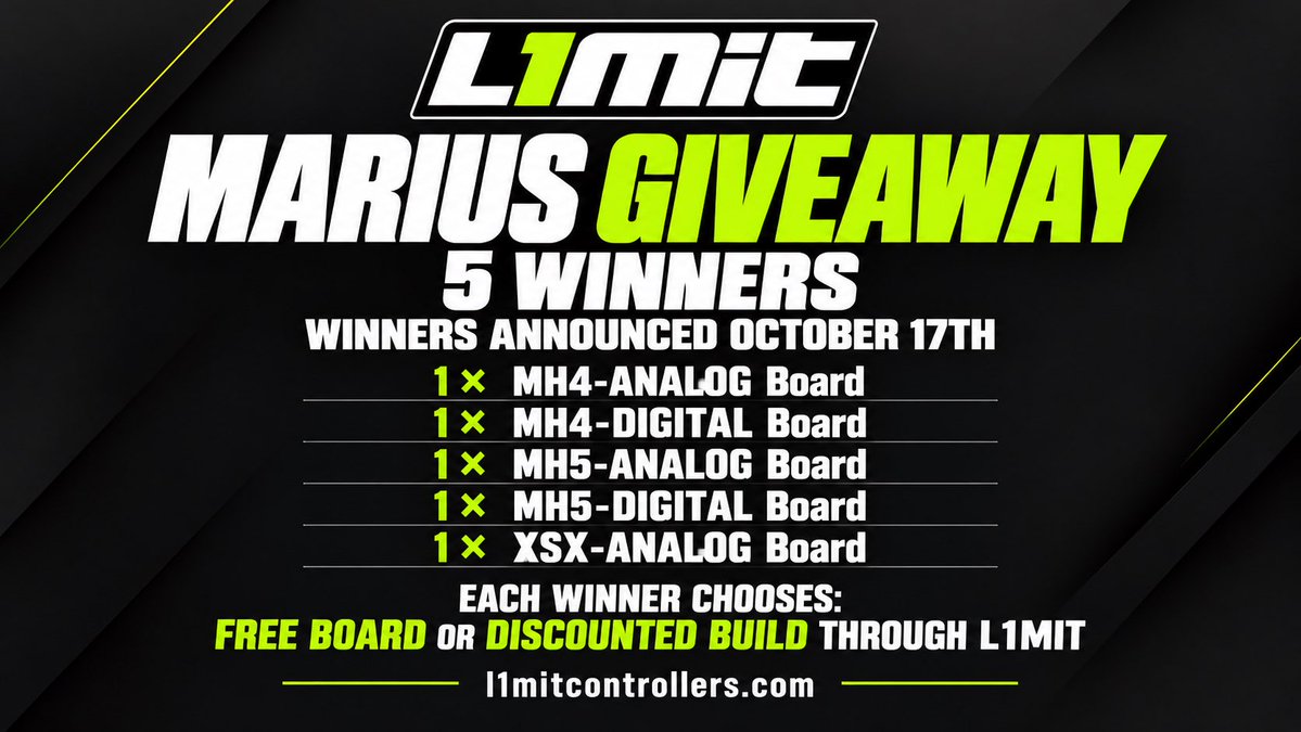 L1mitRollers's tweet photo. 🎉 MARIUS GIVEAWAY 🎉

5 winners! Each winner chooses a FREE board or a discounted build through L1MIT.

To enter:

✅ Follow @L1mitrollers
✅ Retweet &amp; like this post
✅ Join our Discord: https://t.co/Nm5YV3GlLG

Winners announced October 17th. Good luck! 🍀 https://t.co/CH9ROOY05n