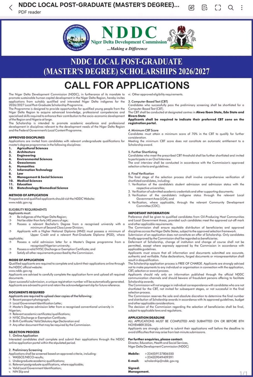 Nanyo_sae's tweet photo. Wait! Stop scrolling. 

Are you from Rivers, Bayelsa, Delta, Akwa Ibom, Edo, Ondo, Imo, Abia, Cross River or any other Niger Delta state?

This opportunity might be for you!

The NDDC is accepting applications for its 2026/2027 Local Postgraduate Scholarship (Master’s Degree) for eligible Niger Delta indigenes.
If you have a relevant bachelor’s degree, meet the eligibility requirements, and want to pursue your master’s degree, this is worth checking out.

Deadline: 8 November 2026

Apply https://t.co/U29DmucoI8