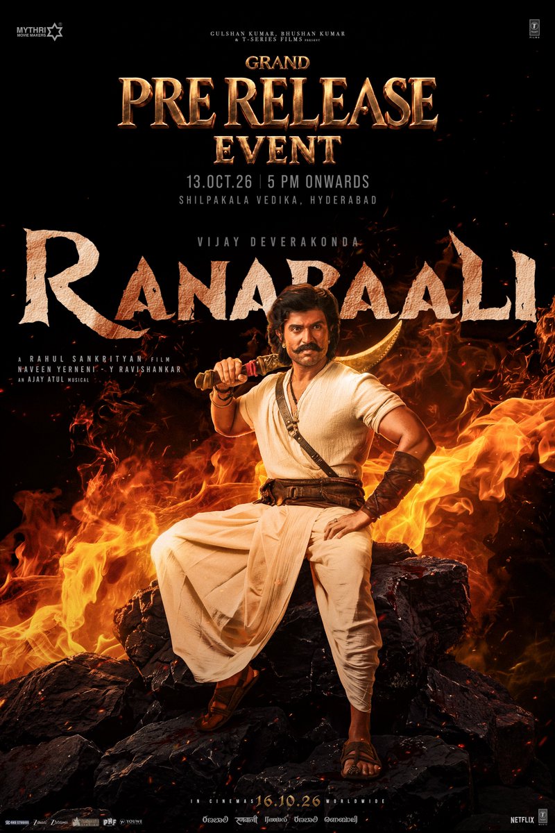 MythriOfficial's tweet photo. Get ready for a grand evening ❤‍🔥

#RANABAALI GRAND PRE-RELEASE EVENT on 13th October from 5 PM onwards 🤩🤩

📍Shilpakala Vedika, Hyderabad 

#Ranabaali GRAND RELEASE WORLDWIDE ON 16.10.26.

#NeverForget #RanabaaliOnOct16th

@TheDeverakonda @iamRashmika @Rahul_Sankrityn @MythriOfficial #ArnoldVosloo @AjayAtulOnline @nirav_dop #JishnuBhattacharjee #ShivamRao #ArchanaaAkhilRao #KarthikaSrinivas #YannickBen #AndyLongNguyen #BhushanKumar #KrishanKumar @TSeries @shivchanana @neerajkalyan_24 @parvathanurag @ranabaalifilm #YouweMedia