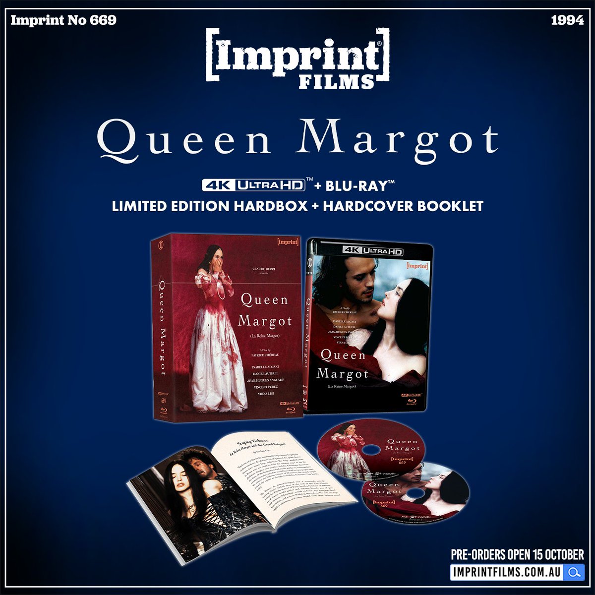 imprint_films's tweet photo. She was the wife of the king and the lover of a soldier. QUEEN MARGOT (1994) arrives on 4K UHD and Blu-ray in a Hardbox release this November, with a hardcover booklet! ❤️‍🔥

Originally released as La Reine Margot, the French historical epic and tragic romance won the Jury Prize and Best Actress Award at the 1994 Cannes Film Festival, and stars Isabelle Adjani, Daniel Auteuil, Jean-Hugues Anglade, and Vincent Perez.

Pathé fully restored this 158-minute cut in 4K from the original negative in 2013, under the supervision of director Patrice Chéreau just before his untimely passing, presenting the complete version of the film as he wanted it seen.

Strictly limited to 1500 copies only. 📀 Pre-orders open 15 October.