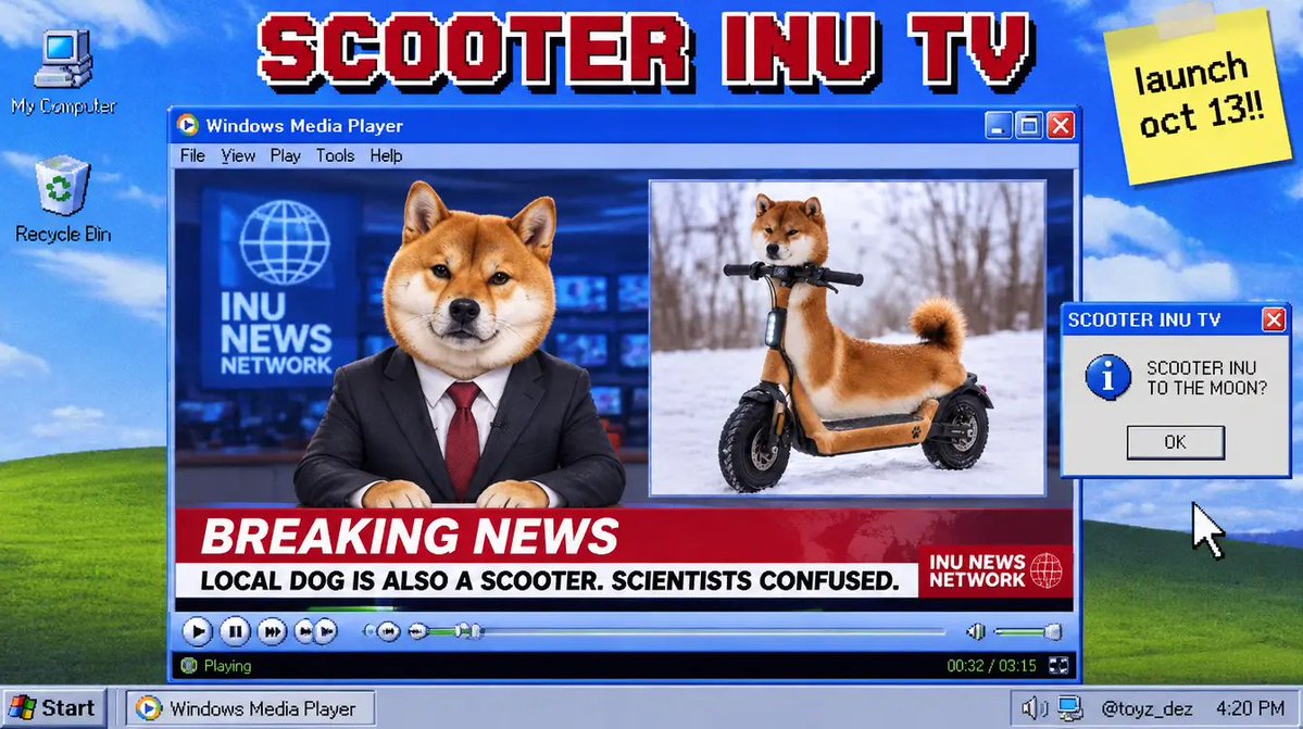 toyz_dez's tweet photo. 📺 Tonight on Scooter Inu TV:
- Breaking News
- Nature Documentary
- Cooking Show
- Game Show
Do not touch that dial. 🛴
#ScooterInuContest #SctrInu #Memecoin https://t.co/L02VqZfUrM