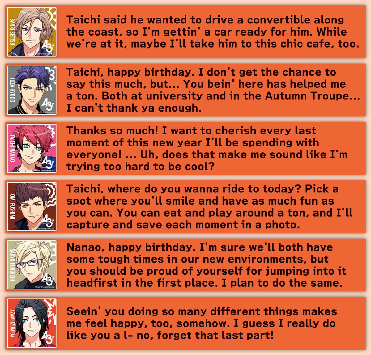 eme_kare's tweet photo. A3! Home Screen Lines - Taichi's Birthday 2026

Note: Itaru's line is a reference to a real-life event called Wonder Festival, at which garage kit models are sold. Its name is shortened to "WonFes," so with "won" sounding like "one," they changed it to "three" instead. https://t.co/LQWvHPRK81