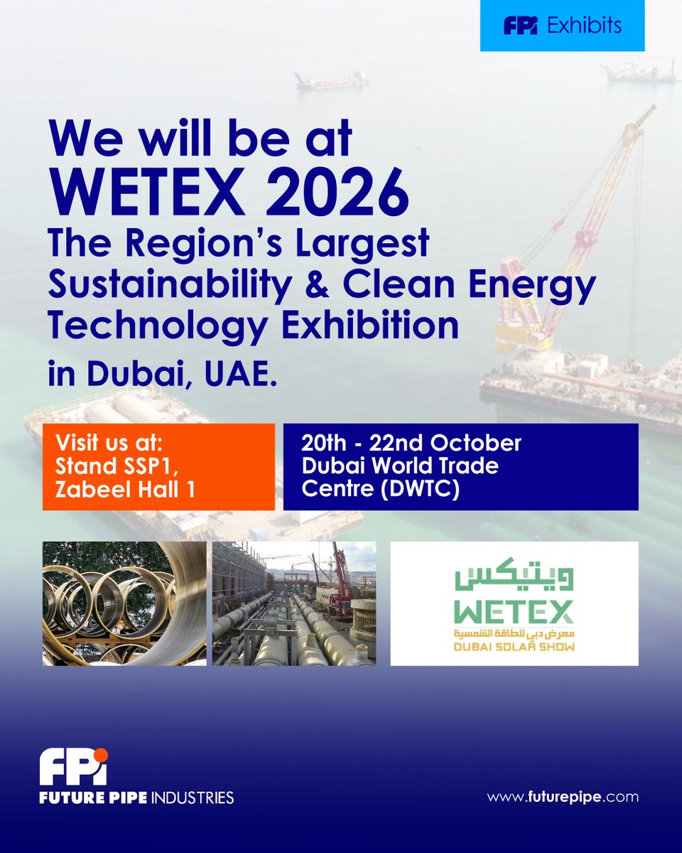 futurepipe's tweet photo. We will be at @wetexdubai 2026. 
Don’t forget to stop by our Stand No. SSP1, Zabeel Hall 1
20th - 22nd October, 2026.
Dubai World Trade Centre (DWTC), Dubai, UAE.

#wetex2026 #water #infrastructure #dewa #sustainability https://t.co/4so8kVA2hn