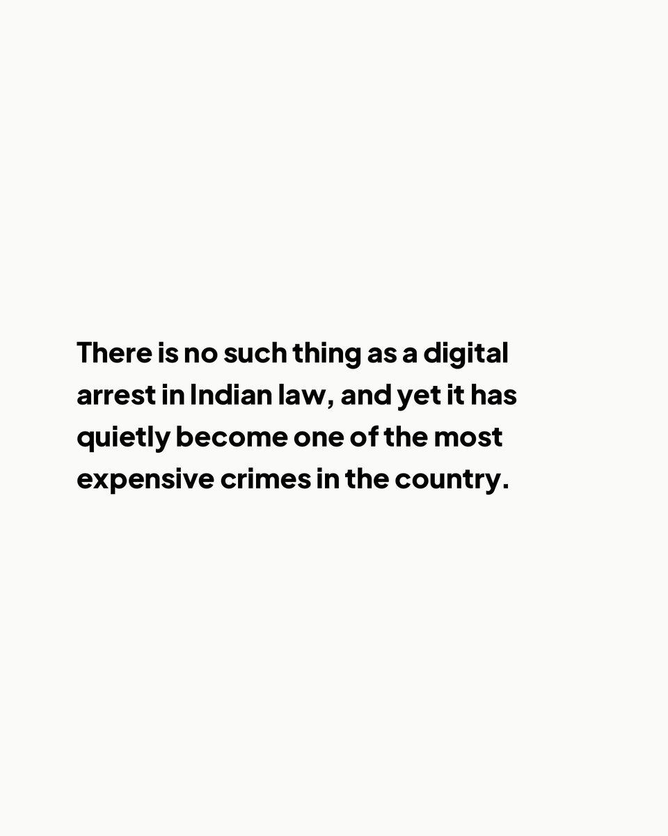FullyOptd's tweet photo. There is no such thing as a "digital arrest" in Indian law, yet it's one of India's costliest crimes. Scammers posing as CBI or police hold you on a video call in fake custody and make you empty your own account. Indians lost ~Rs 22,495 crore to cyber fraud in 2025. One Bengaluru engineer was held 6 months and made 187 transfers, losing ~Rs 32 crore. UPI makes it instant and final; ~51% never report it.

Save this. Send it to your parents now.

#FullyOpinionated #India #ScamAlert #DigitalArrest