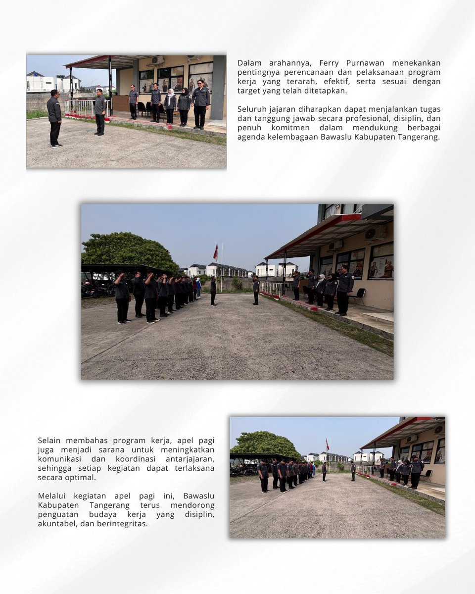 BawasluKabTang's tweet photo. Badan Pengawas Pemilihan Umum (Bawaslu) Kabupaten Tangerang melaksanakan apel pagi yang dipimpin oleh Anggota Bawaslu Kabupaten Tangerang, Ferry Purnawan. Pada senin, 12/10/26.

#bawaslukabupatentangerang https://t.co/jqYtASekC5