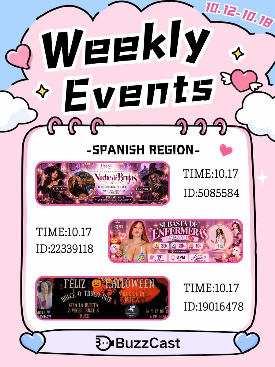 BuzzCastAPP's tweet photo. 🎃Step into BuzzCast’s Halloween world!🎃
💖Spanish Region Weekly Events | 10.12–10.18
Three exclusive themed live parties on October 17!
Play thrilling live games, earn awesome prizes,and celebrate Halloween together.
See you in the live room!

#BuzzCast #fyp #paratí #livestreaming #halloween2026