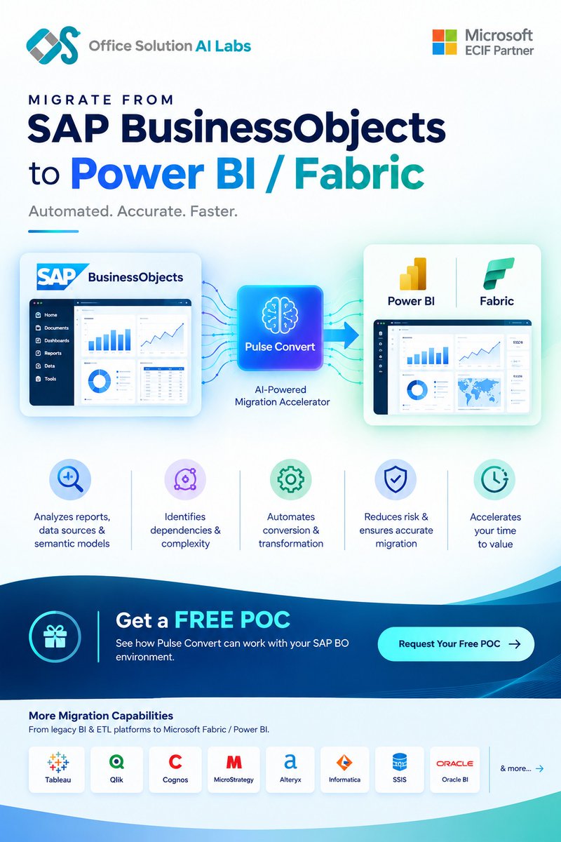 Iofficesolution's tweet photo. Migrate from #SAPBusinessObjectstoPowerBI faster &amp; smarter with #PulseConvert—our AI-powered migration accelerator! 🚀

✅ Automated conversion
✅ Reduced risk
✅ Faster time to value

#PowerBI #MicrosoftFabric #DataAnalytics #OfficeSolutionAILabs https://t.co/njClba3JLj