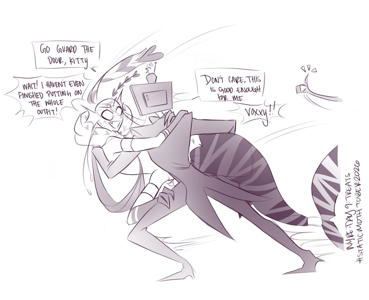 xnyre_'s tweet photo. #staticmothtober2026 day 9: treats 
Val dresses up in something new as a surprise treat for Vox 💝 #staticmoth #voxval #hazbinhotel #vox #hazbinhotelvalentino https://t.co/e8UQWp7TTD